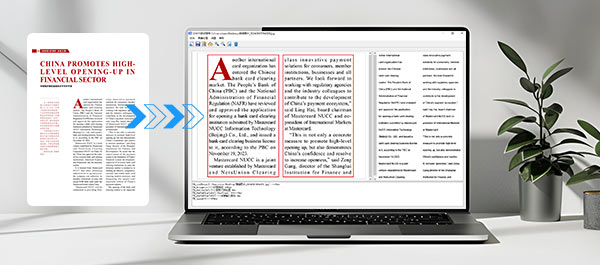 OCR reconoce el contenido de periódicos y revistas con diferentes diseños y reproduce con precisión el diseño original.